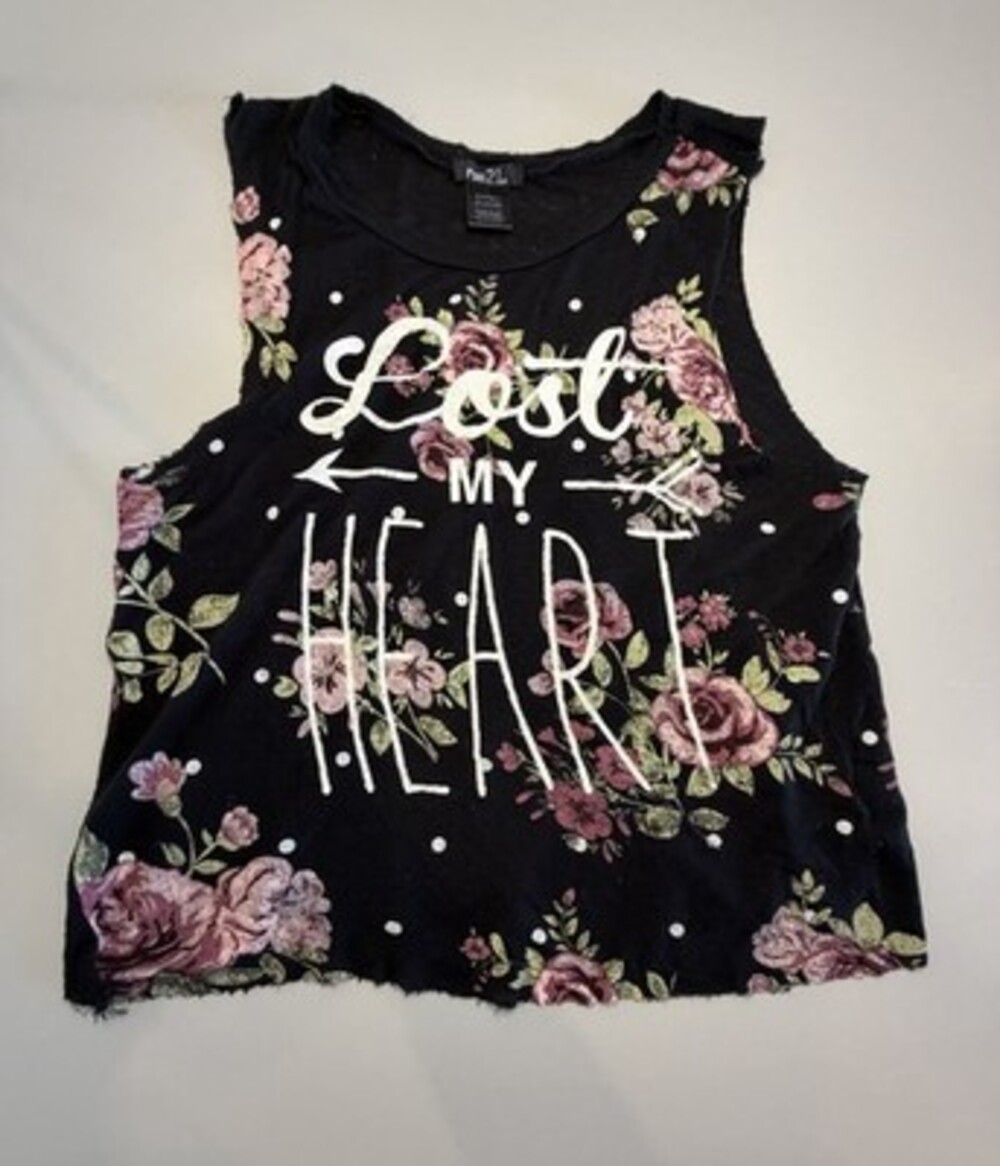 rue21 Womens Lost My Heart Floral Muscle Tank Top Black Small Raw Hem Distressed
